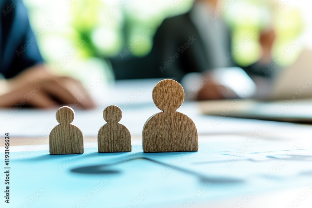 Poster wooden figures representing teamwork and collaboration in a modern office setting with blurred backg