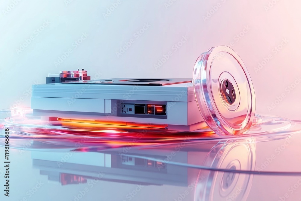 Poster a minimalist depiction of a classic vcr, with clean lines and a single vhs tape partially inserted, 