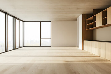 Bright minimalist interior of a modern apartment with large windows and wooden accents