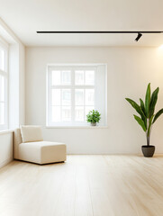 Modern room with a minimalist couch and indoor plant by large windows