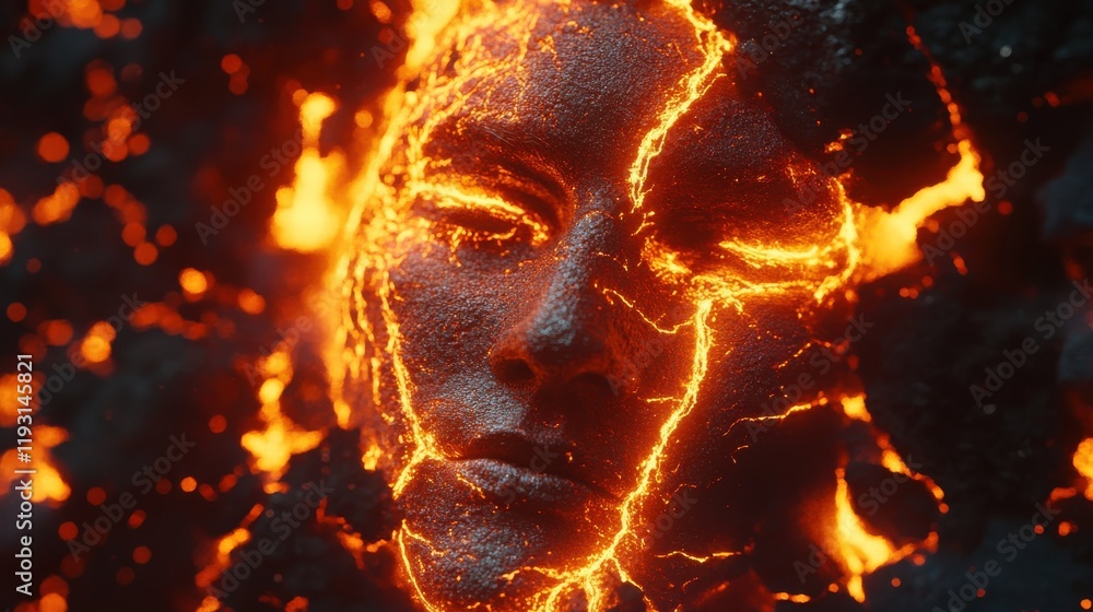 Poster Dynamic visualization of a face infused with volcanic elements and glowing lava veins, showcasing intense human emotion and raw natural power