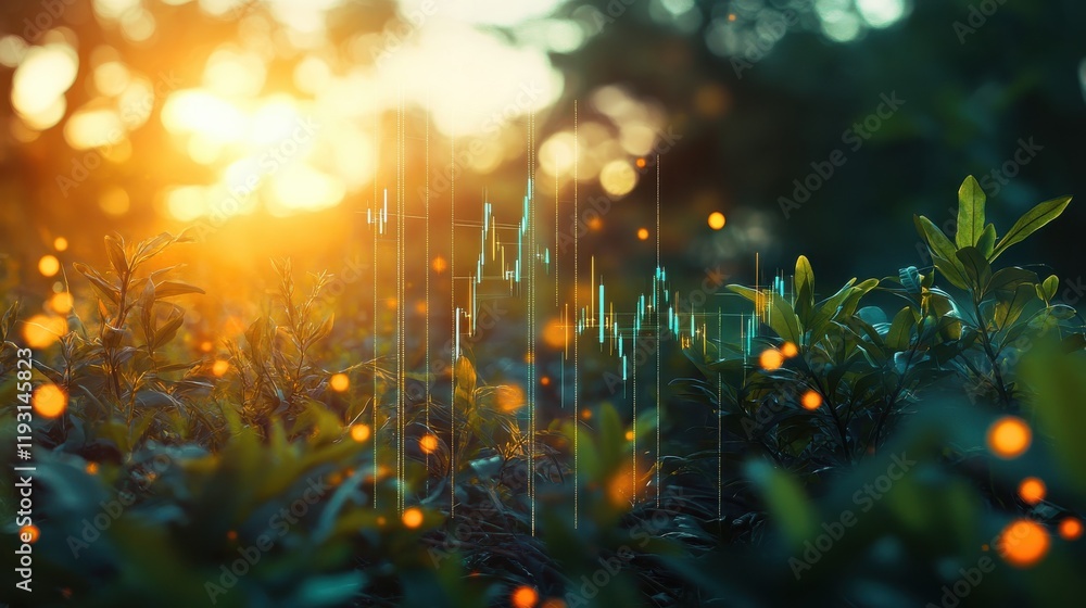 Poster dynamic layout of retirement savings metrics highlighted by market trends against a serene nature ba