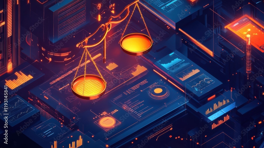 Poster dynamic financial risk management visuals featuring balance scales and glowing tools in modern desig