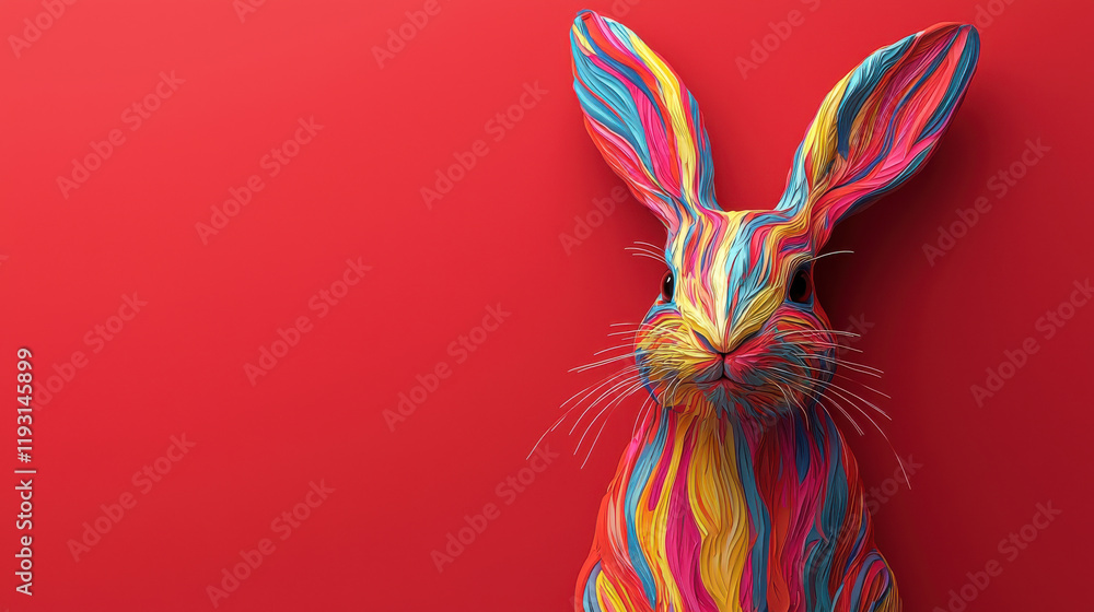 Aufkleber colorful rabbit with vibrant patterns against red background, symbolizing joy and creativity. this a