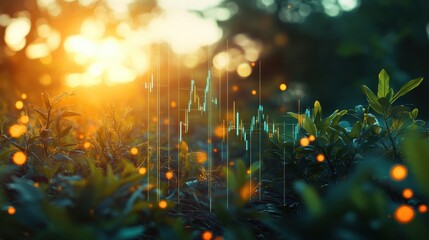 Dynamic layout of retirement savings metrics highlighted by market trends against a serene nature backdrop