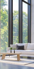 Fototapeta premium Modern living room with large windows overlooking a lush green landscape during daytime