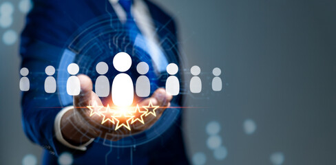 HR, Human resources, Recruitment and talent management, Businessman holding digital network structure, Focusing on recruitment and effective team management with digital HR network for team success.