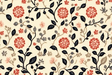  A beautifully designed romantic floral pattern featuring vibrant red flowers and dark leaves gracefully intertwined on a soft beige background.