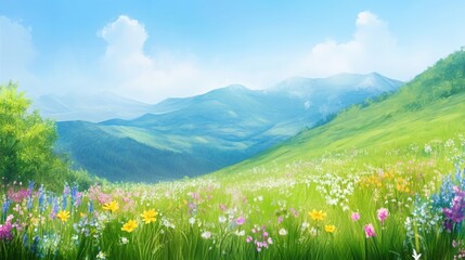 Fototapeta premium A vibrant meadow filled with colorful wildflowers stretches across lush green hills under a bright blue sky and soft clouds