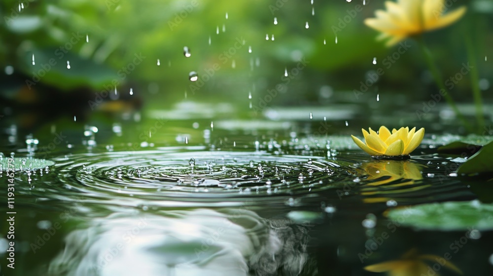 Poster creative double exposure blending raindrop patterns and glowing reflections on water in a summer set