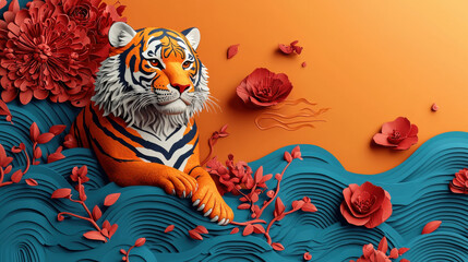 Obraz premium vibrant 3D tiger design representing Tiger zodiac, surrounded by colorful flowers and waves. artwork features bold colors and intricate details, evoking sense of strength and beauty