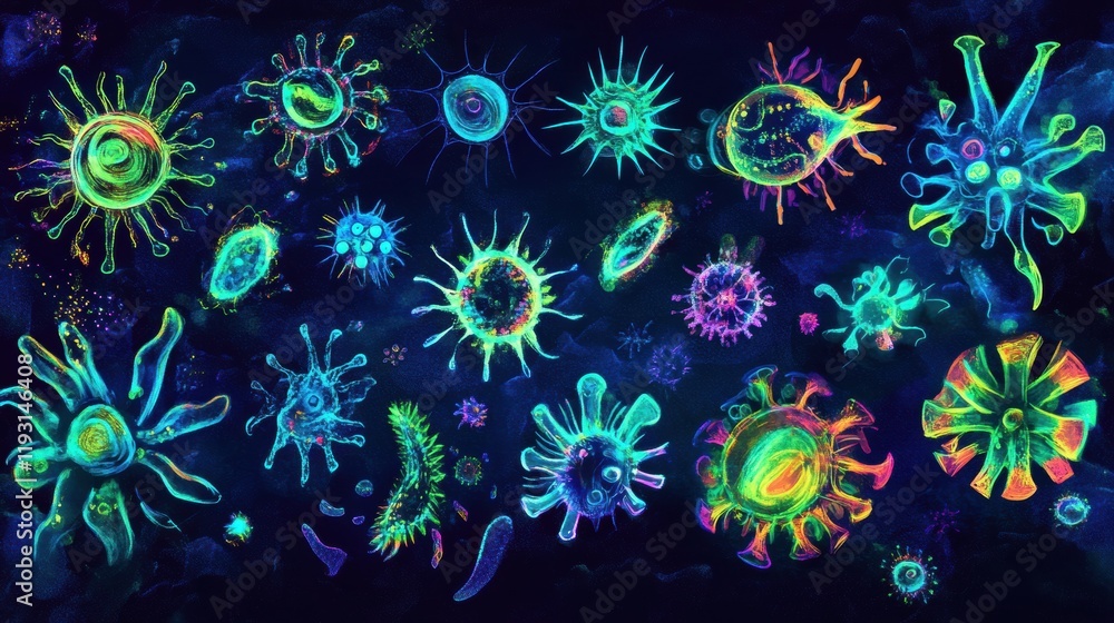 Leinwandbilder exploration of magnified viruses displayed in vibrant colors under a scientific microscope setting. 