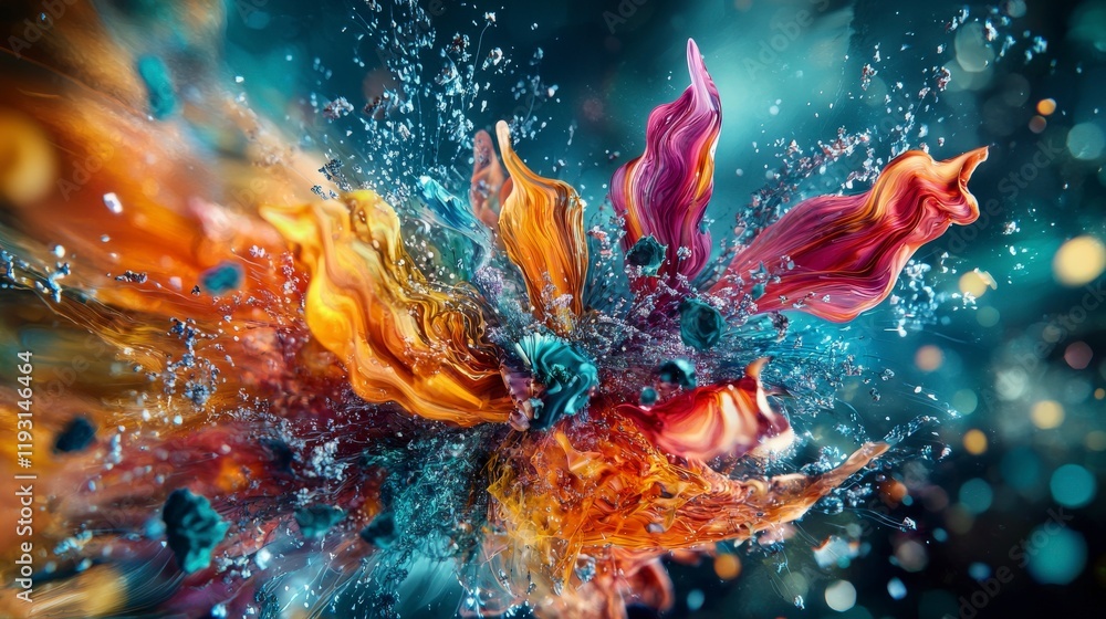 Poster Vibrant explosion of abstract colors and shapes digital art dynamic environment high-resolution viewpoint modern concept