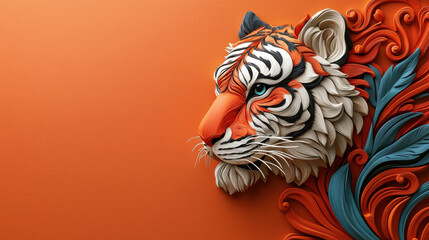 Vibrant 3D tiger head sculpture with intricate details and bold colors, showcasing beauty of animal against orange background