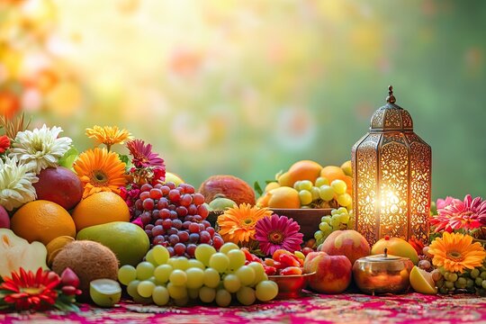 festive nowruz table adorned with colorful fruits fresh flowers and glowing lantern centerpiece