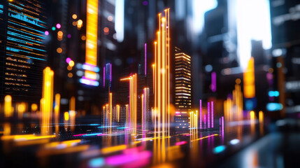 vibrant 3D digital interface showcasing big data analysis with glowing bars and lines representing data trends in futuristic cityscape