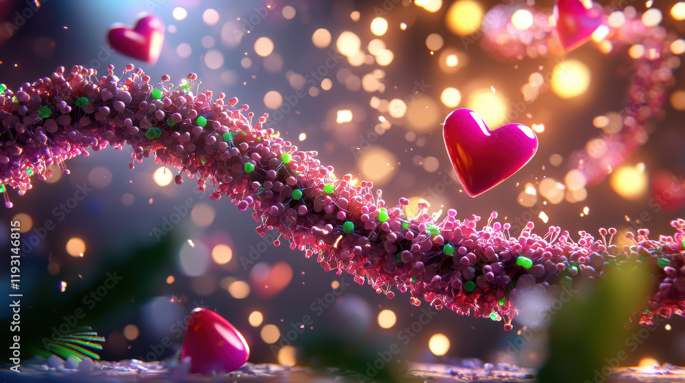 Poster vibrant 3D illustration of nanostructure with pink hearts, showcasing interaction with colorful particles and dreamy background. This artwork evokes sense of wonder and connection
