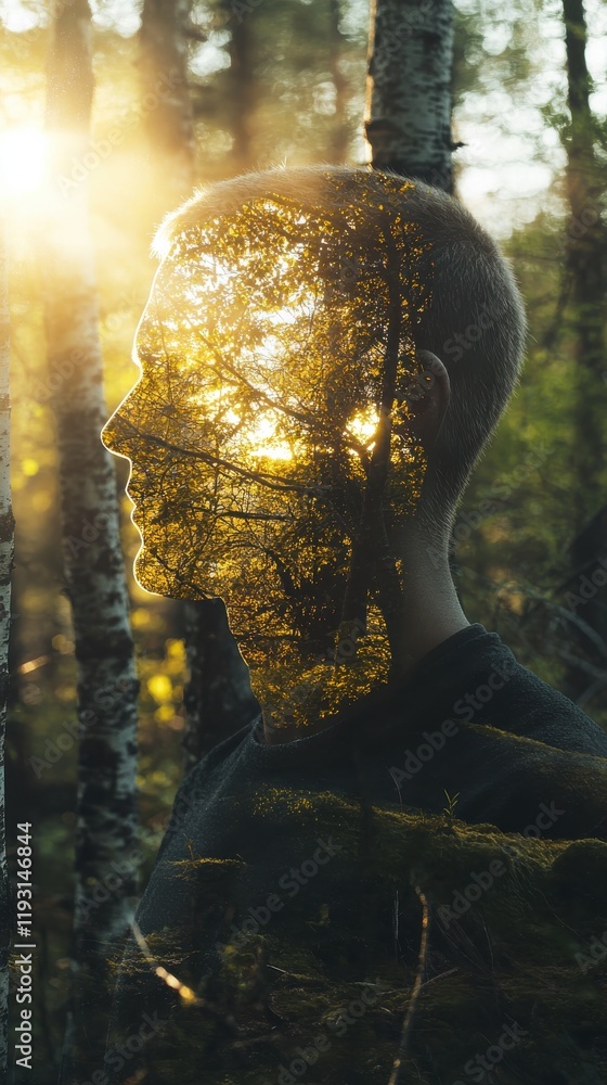 Poster Man radiating with warmth amidst serene birch trees and soft moss in a tranquil forest setting