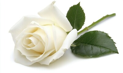 Fototapeta premium Single white rose with stem and leaves on white background, ideal for romantic or memorial designs