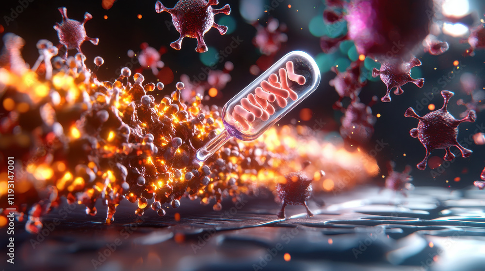 Leinwandbilder 3D illustration of nanoscale biotechnology tools interacting with viruses, showcasing vibrant colors and intricate details. This highlights fusion of science and technology in dynamic environment