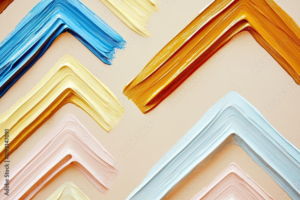 Poster flat lay of acrylic streaks forming bold zigzag patterns in alternating warm and cool colors on neut