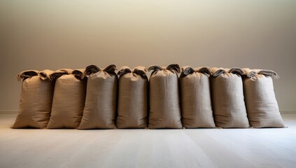 A line of rugged jute sacks filled with grain, showcasing their weathered texture and rustic character in a picturesque harvest landscape.
