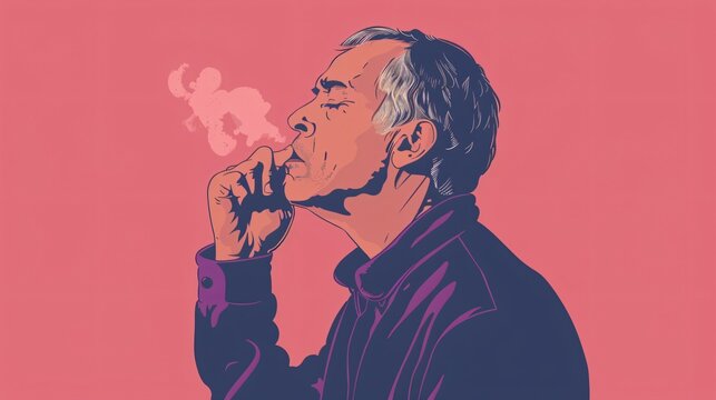 Cartoon Vector of Mature Man Coughing on Color Background