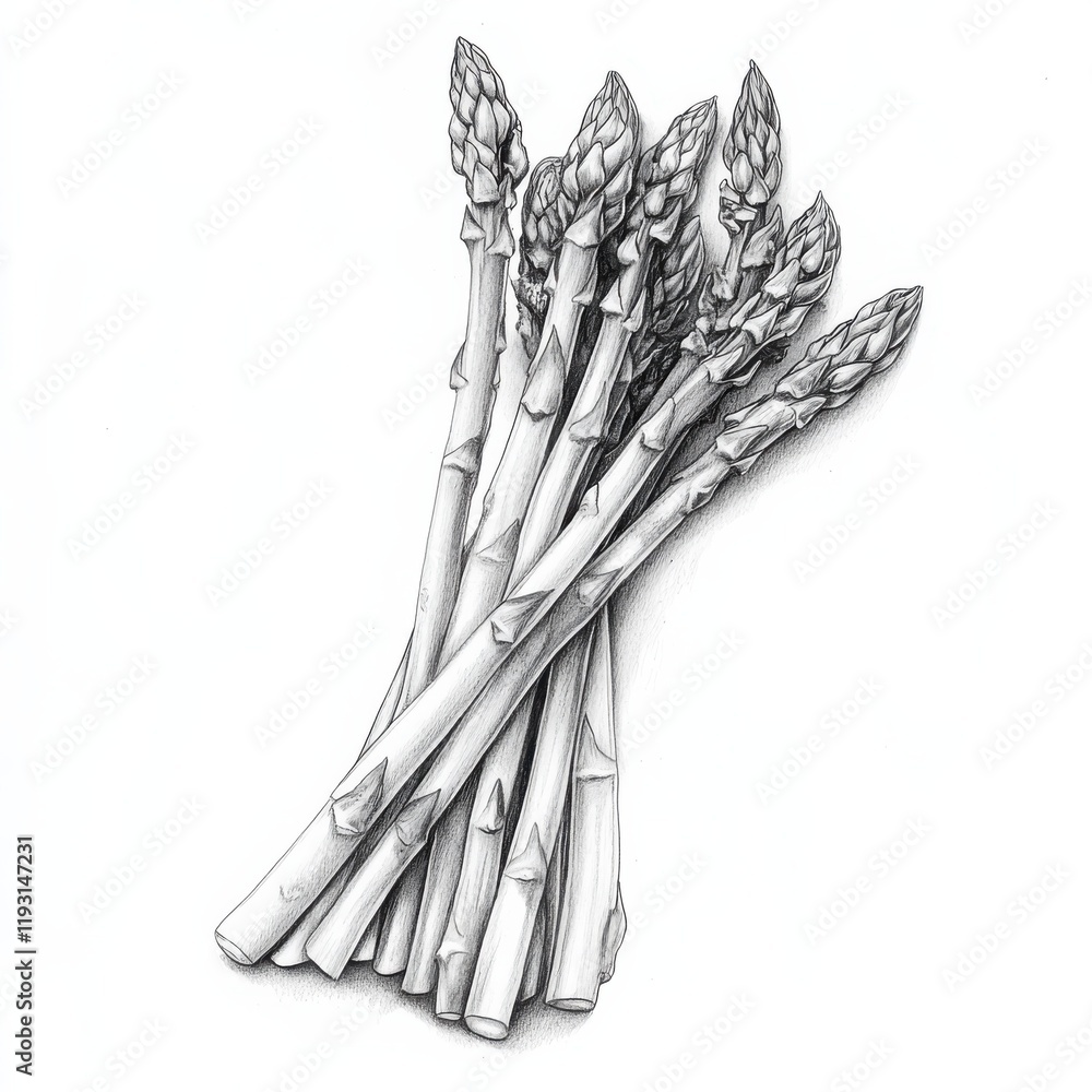 Poster sketch of a bunch of asparagus spears showcasing detailed pencil work and natural textures in a simp