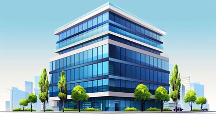 Modern Office Building with Blue Fins Pattern: Professional Architectural Design Illustration