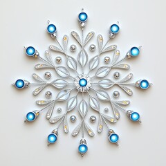 Holiday decorations isolated on white, neon light photography of a glowing snowflake ornament with icy blue and silver accents, blending light and elegance