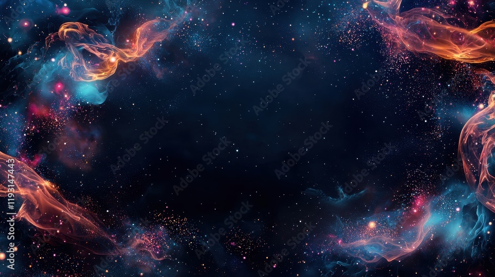 Poster celestial fantasy design with glowing borders and ethereal swirls in dark background