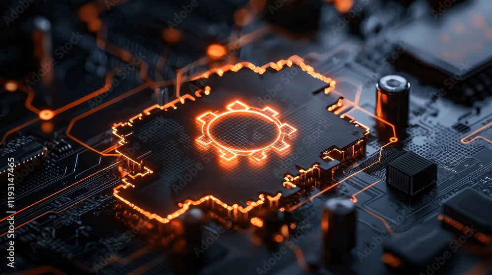 Poster detailed 3D rendering of cybersecurity infrastructure featuring glowing circuitry and gear symbol, representing technology and security