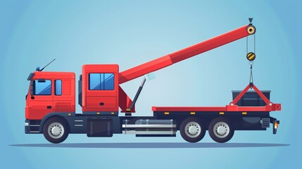 Red Truck with Crane Flat Design Vector Illustration