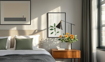 Sunny bedroom interior with flowers, artwork, and modern furnishings