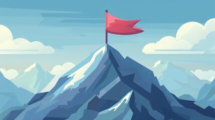 Triumphant Red Flag on Mountain Summit: Success Vector Illustration