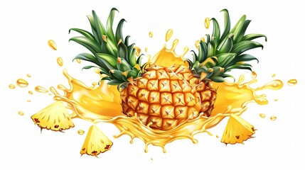 Juicy Ripe Pineapple with Splashing Juice on White Background