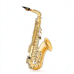 Naklejka premium Musical instruments isolated on white, flat art style icon of a saxophone with golden tones and clean, minimal details, representing elegance in simplicity