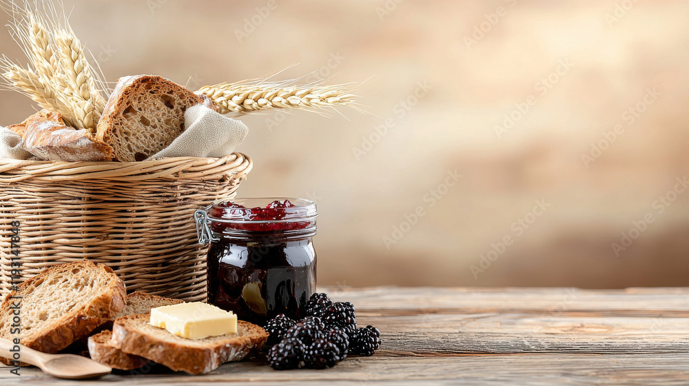 Poster freshly baked bread with butter and jam, accompanied by blackberries, creates delightful breakfast s