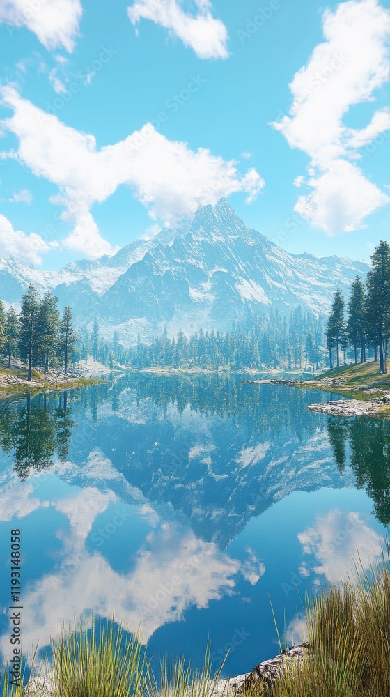 Aufkleber majestic mountain range reflected on a pristine lake under a clear blue sky with scattered clouds