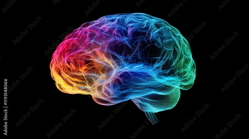 Poster a colorful spectrum graphic blending into the shape of a human brain, symbolizing autism.