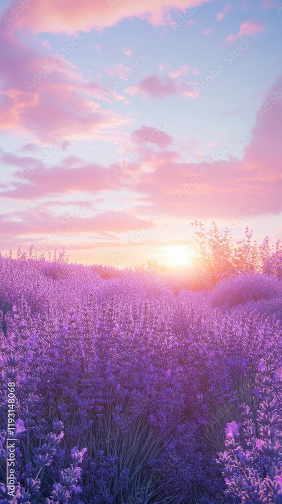 Poster vibrant lavender field bathed in soft light during sunset with colorful sky and gentle clouds above