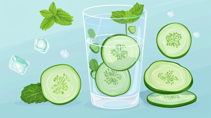 Refreshing Cucumber Mint Infused Water on Light Blue Background