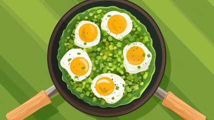 Delicious Green Shakshouka in Frying Pan Top View Cartoon