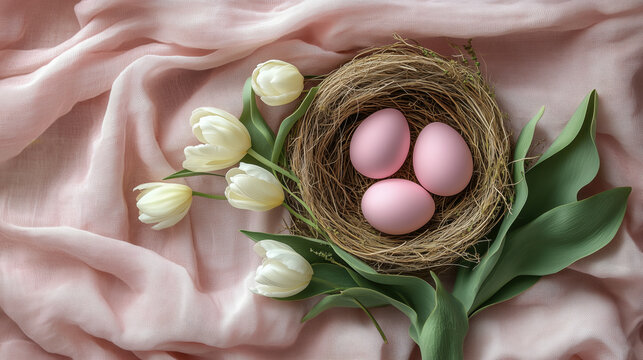 Delicate pink eggs in a nest surrounded by white tulips on a soft fabric backdrop for spring decoration