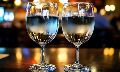 Two water glasses on bar, reflecting lights, evening atmosphere