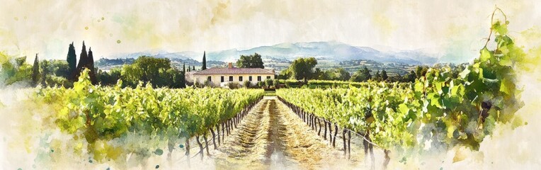 Naklejka premium Tranquil vineyard landscape in a scenic countryside during golden hour