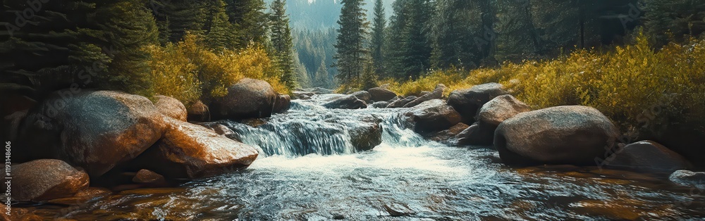 Poster mountain stream flowing through vibrant greenery and smooth stones under a serene sky