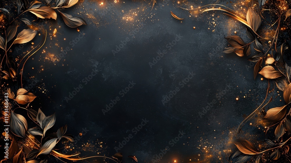 Poster enchanted golden border patterns with fantasy elements and glittering details in dark background