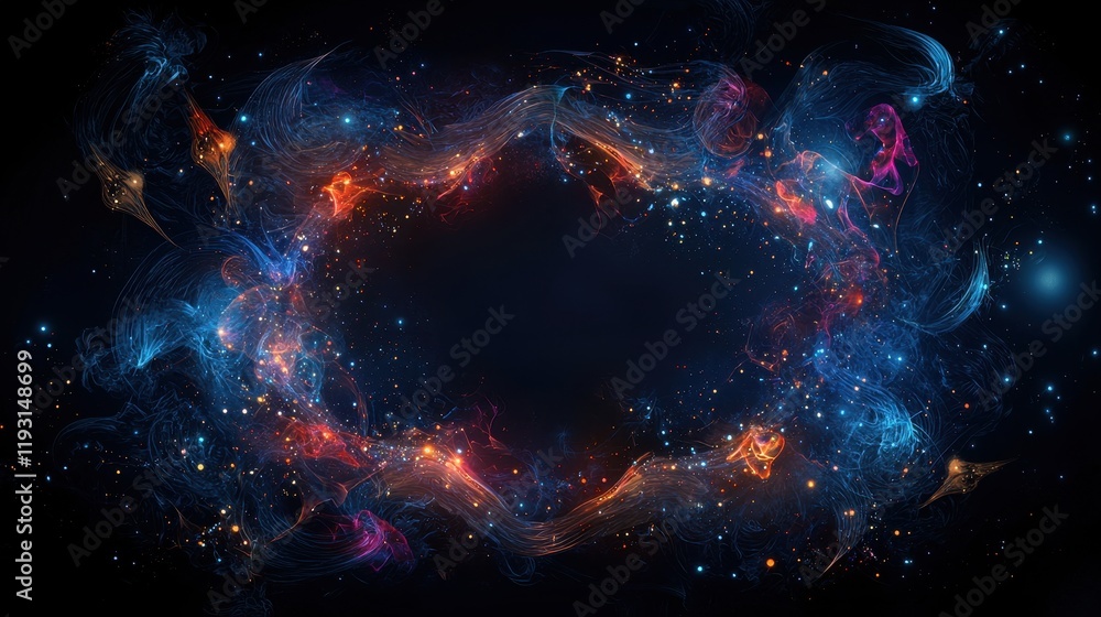 Poster Enchanted Fantasy Borders with Intricate Patterns and Cosmic Elements in Deep Space Background