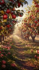 Vivid image of an apple orchard with juicy red apples on the trees and on the ground. Ideal for publications about agriculture, gardening and healthy eating.
